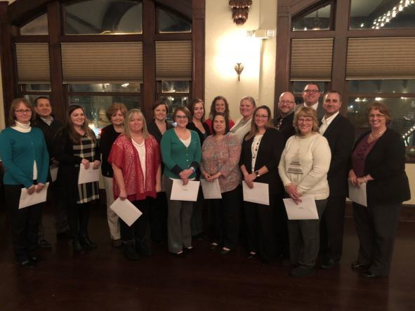 Pictured, from left, Tracy Mast, 10 years; Jeremy Bender, Kaitlyn Taylor, Tricia Smith, Michelle Lantz, Tammy Leroux and Brittany Dominguez, five years; Becky Kirkdorffer, 10 years; Mindy Berger and Brittany Leeper, five years; Blair Juarez, 10 years; Tara Hudson, 15 years; Alan Zimmerman, 10 years; Sue Purdue, 20 years; Brandon Yoder, 10 years; Phil Wiens, 25 years; and Sandy Trenshaw, 30 years.